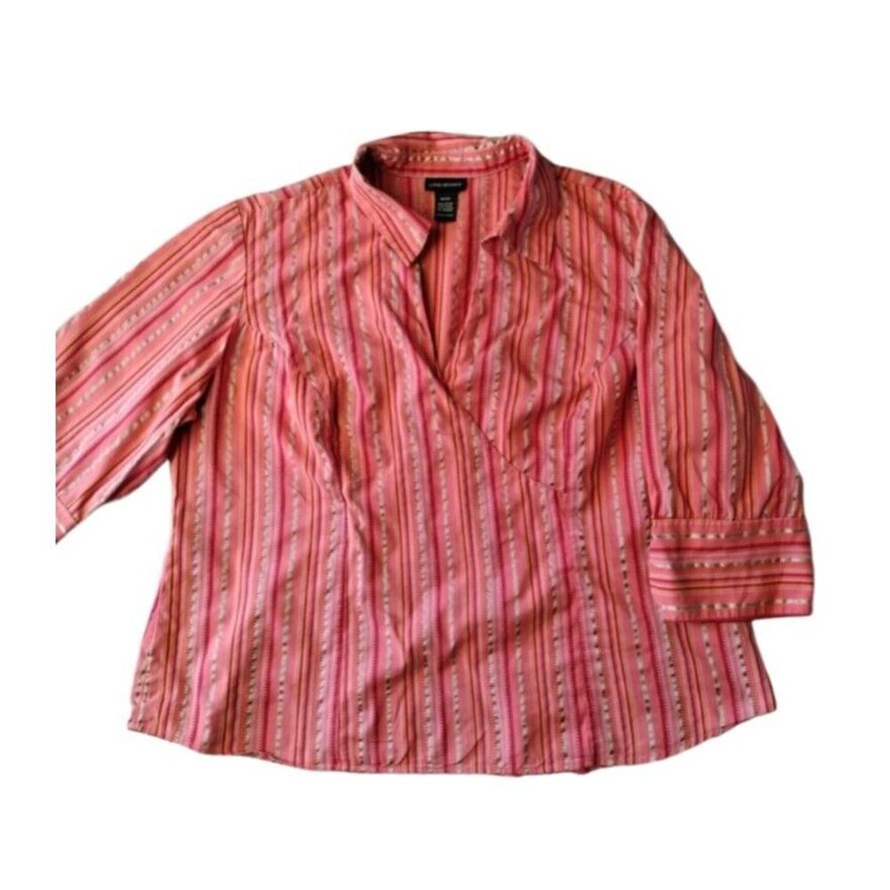 LANE BRYANT‎ Button Up Shirt Women 18/20 Orange Striped 3/4 Sleeves Surplice